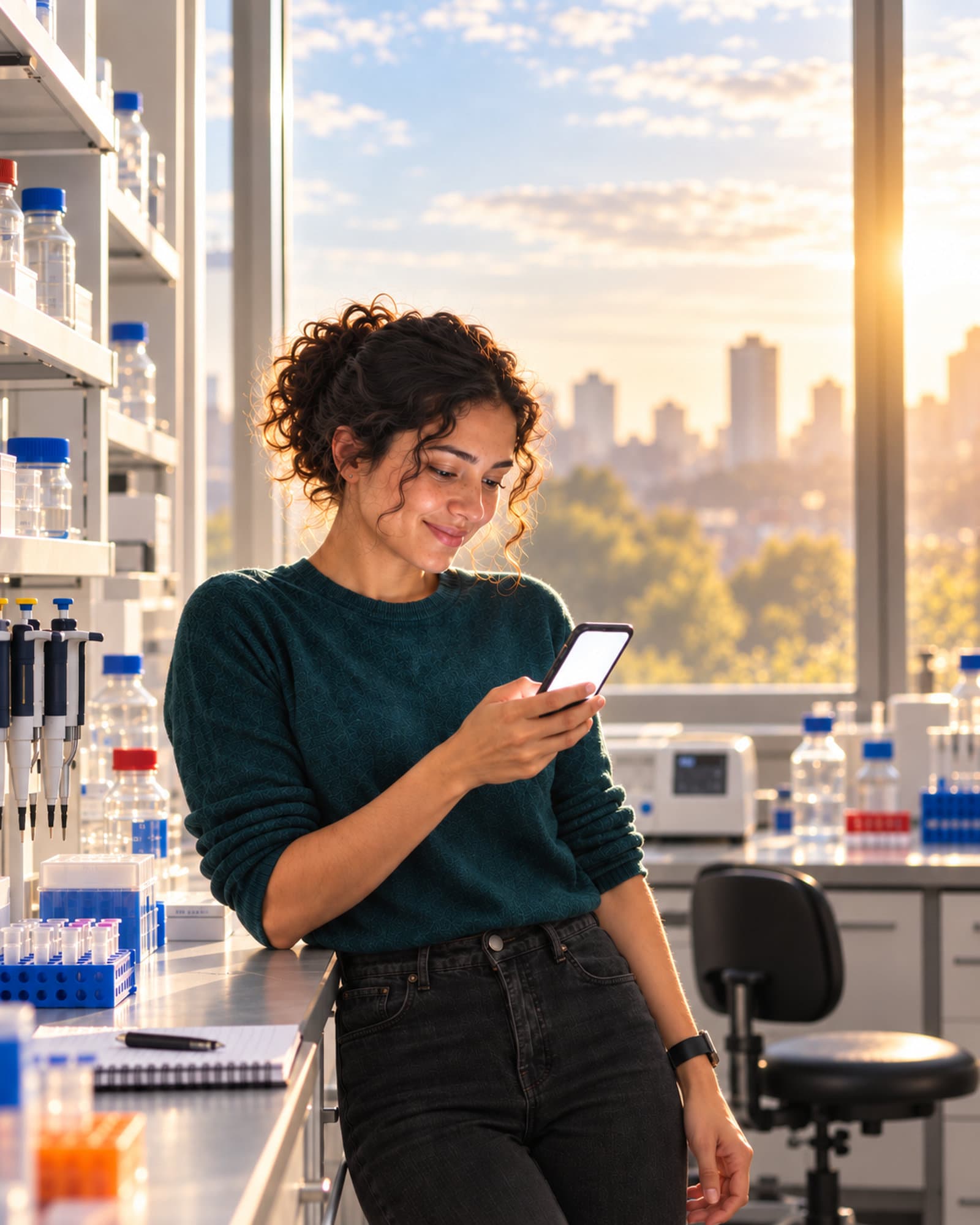 A researcher reading on her phone at a lab bench in early morning light.